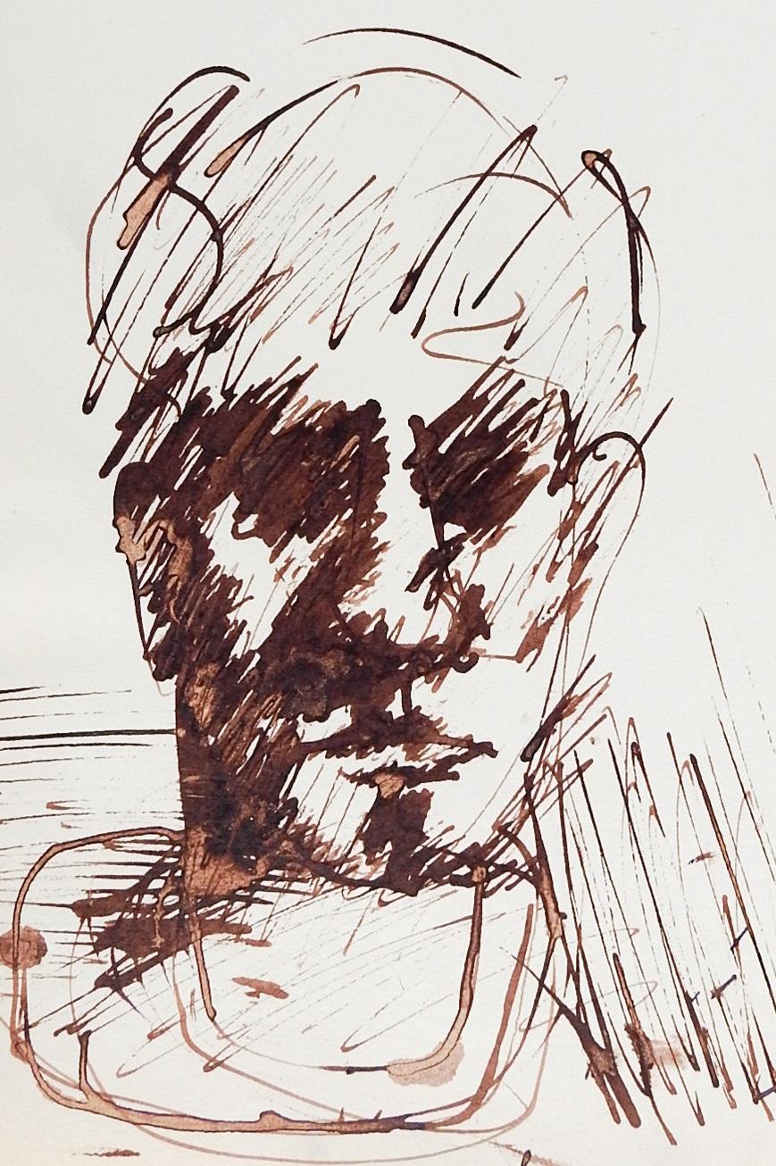 Mid-Century Modern Vintage Mid-Century Impressionist Man Sepia Portrait Drawing For Sale