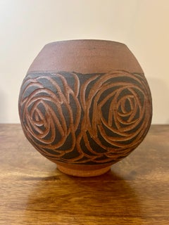 Vintage Mid-Century Incised Red Clay Vase with Black Rose Motif, Signed