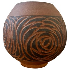 Vintage Mid-Century Incised Red Clay Vase with Black Rose Motif, Signed