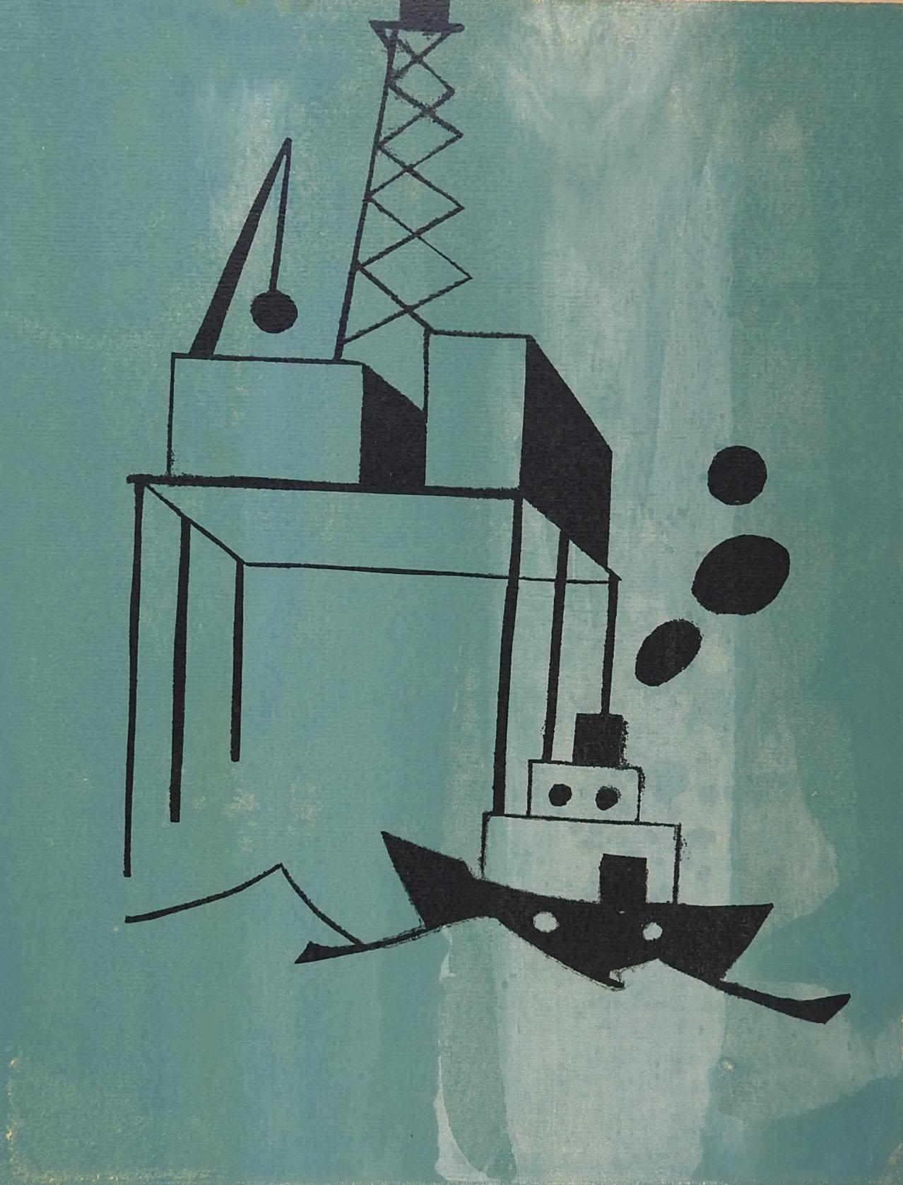 Vintage serigraph on paper print of an industrial offshore oil rig and ship scene. Image in black on turquoise and teal painted paper. Unsigned. Unframed, we have several others listed with different colors.