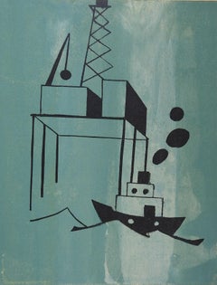 Vintage Mid-Century Industrial Ship & Offshore Oil Drilling Rig Scene Serigraph