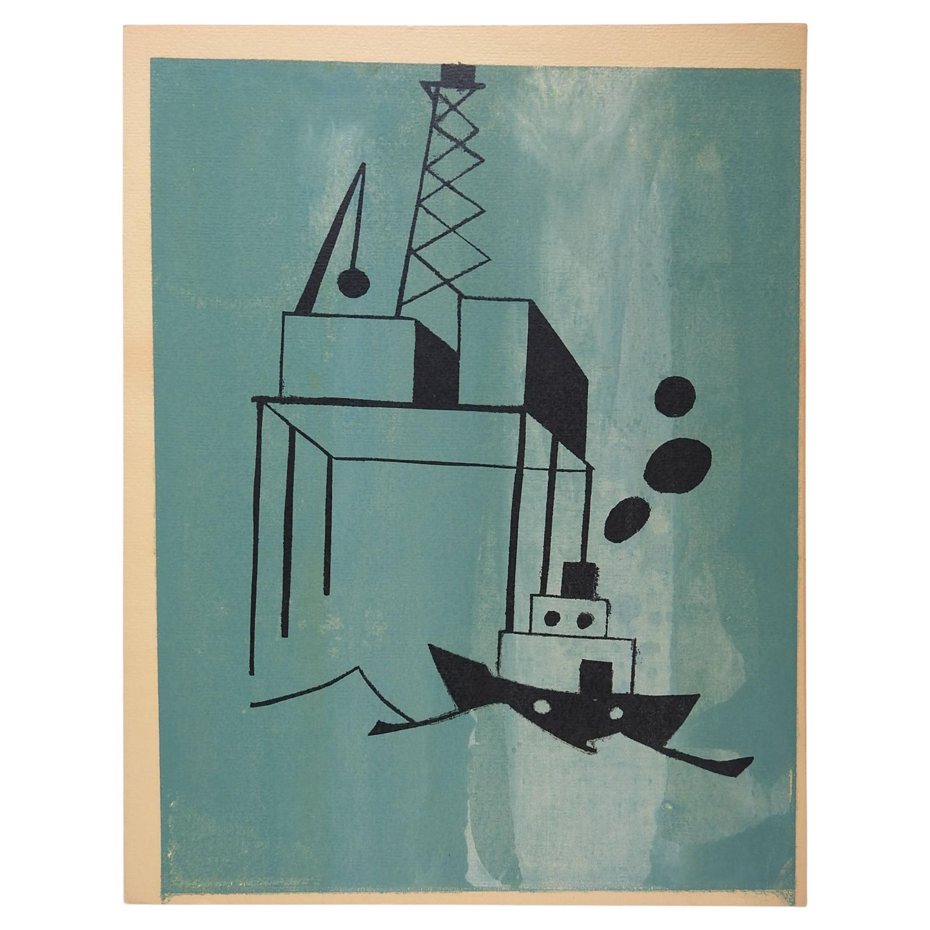 Vintage Mid-Century Industrial Ship & Offshore Oil Drilling Rig Scene Serigraph For Sale