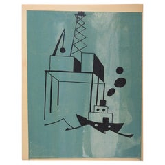 Vintage Mid-Century Industrial Ship & Offshore Oil Drilling Rig Scene Serigraph