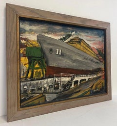 Vintage Mid-Century Industrial Shipyard Painting Signed Framed Harbor scene.