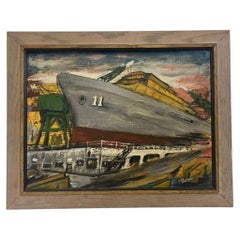 Vintage Mid-Century Industrial Shipyard Painting Signed Framed Harbor scene.