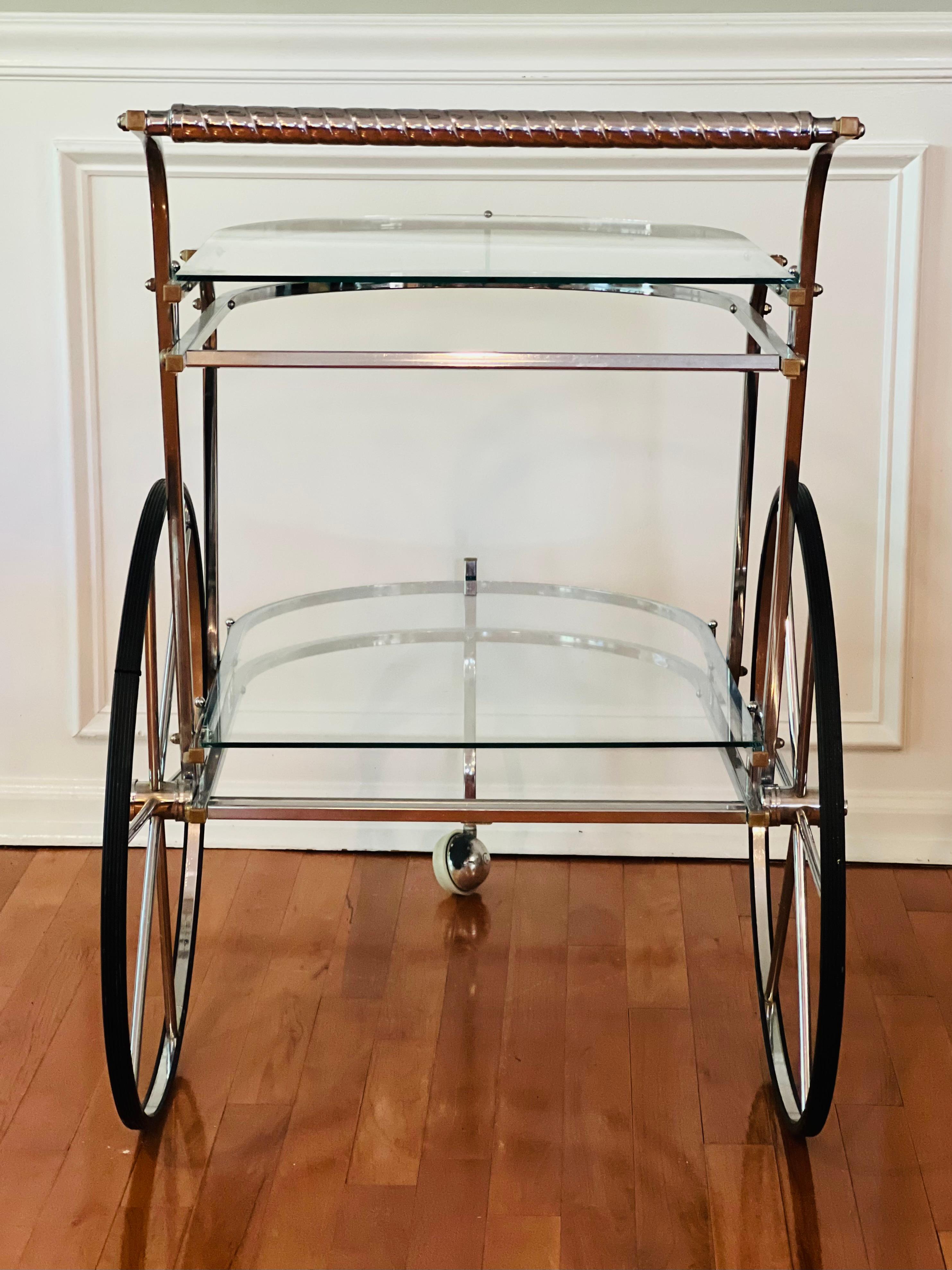 Vintage Mid Century Italian Chrome and Glass Bar Cart In Good Condition For Sale In Doylestown, PA