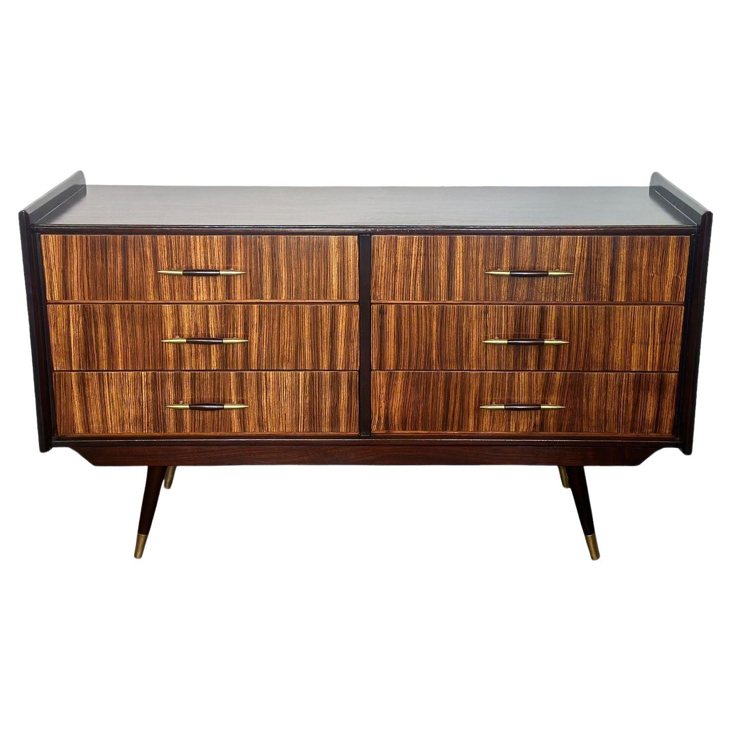 Vintage Mid-Century Italian Credenza / Dresser in Walnut & Zebra Wood, 1950's. For Sale