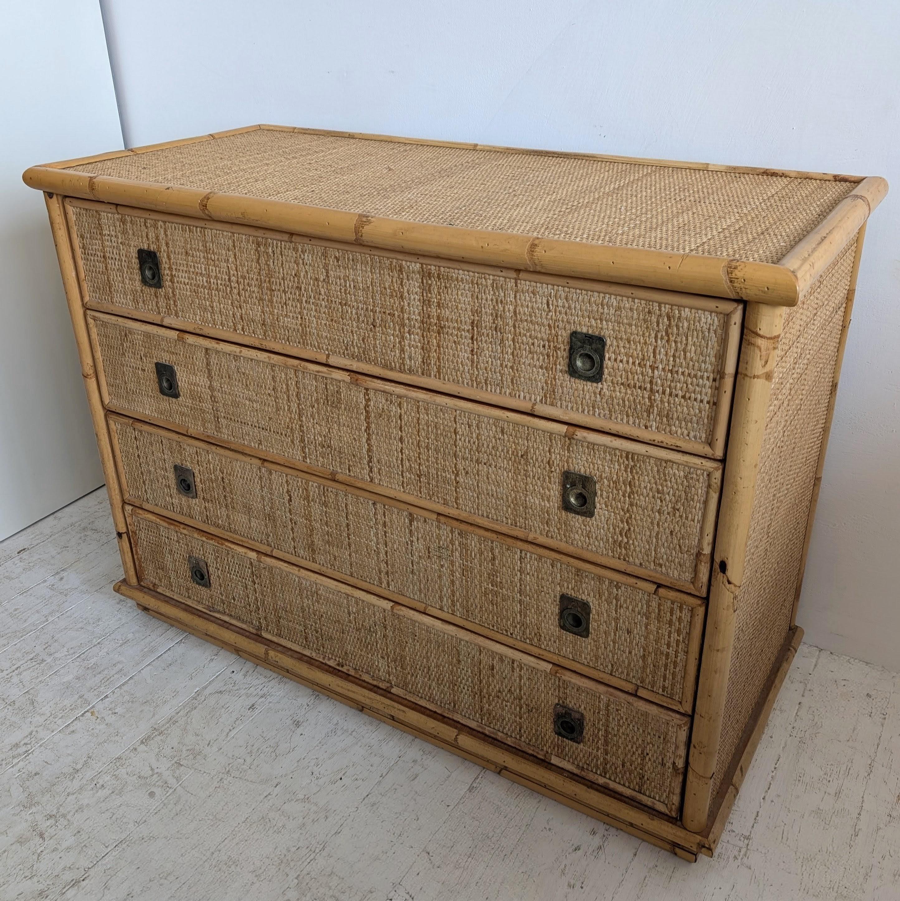 Cassettiera vintage di metà secolo in bambù, rattan e ottone Dal Vera anni '70 In condizioni buone in vendita a Hastings, GB