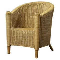 Vintage Mid-Century Italian Modern Boho Rattan Barrel Chair, 1970s