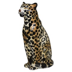 Vintage Mid-Century Italian Modern Ceramic Sculpture of a Seating Leopard, 1970s