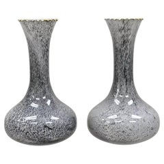 Vintage Mid Century Italian Modern Speckled Grey Glass Fluted 10" Vase - a Pair