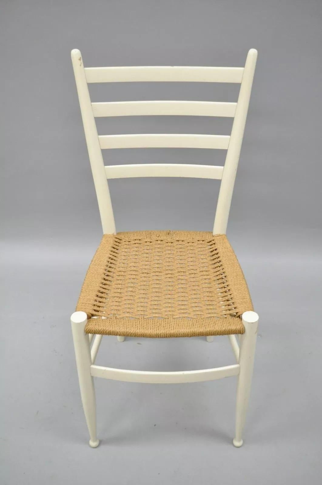 Vintage Mid Century Italian Modern Woven Rope White Gio Ponti Style Side Chair in vendita 4