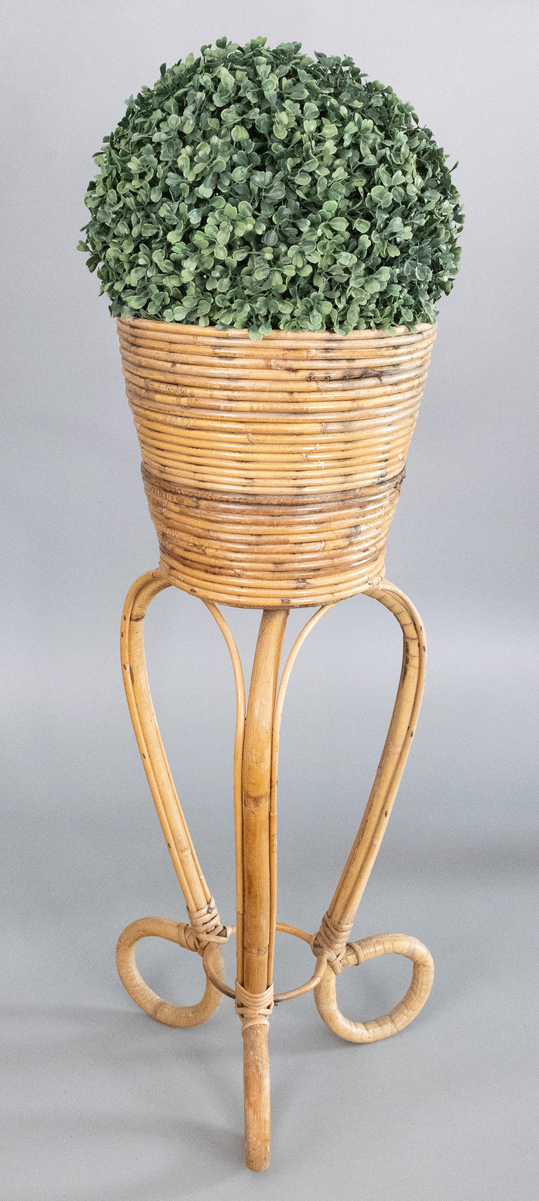 A stylish Mid-Century Italian Crespi style split reed bamboo and rattan pedestal planter / plant stand. This lovely planter is a nice large size with a fabulous shape, perfect for the modern home. Boxwood not included. The height is 28.5