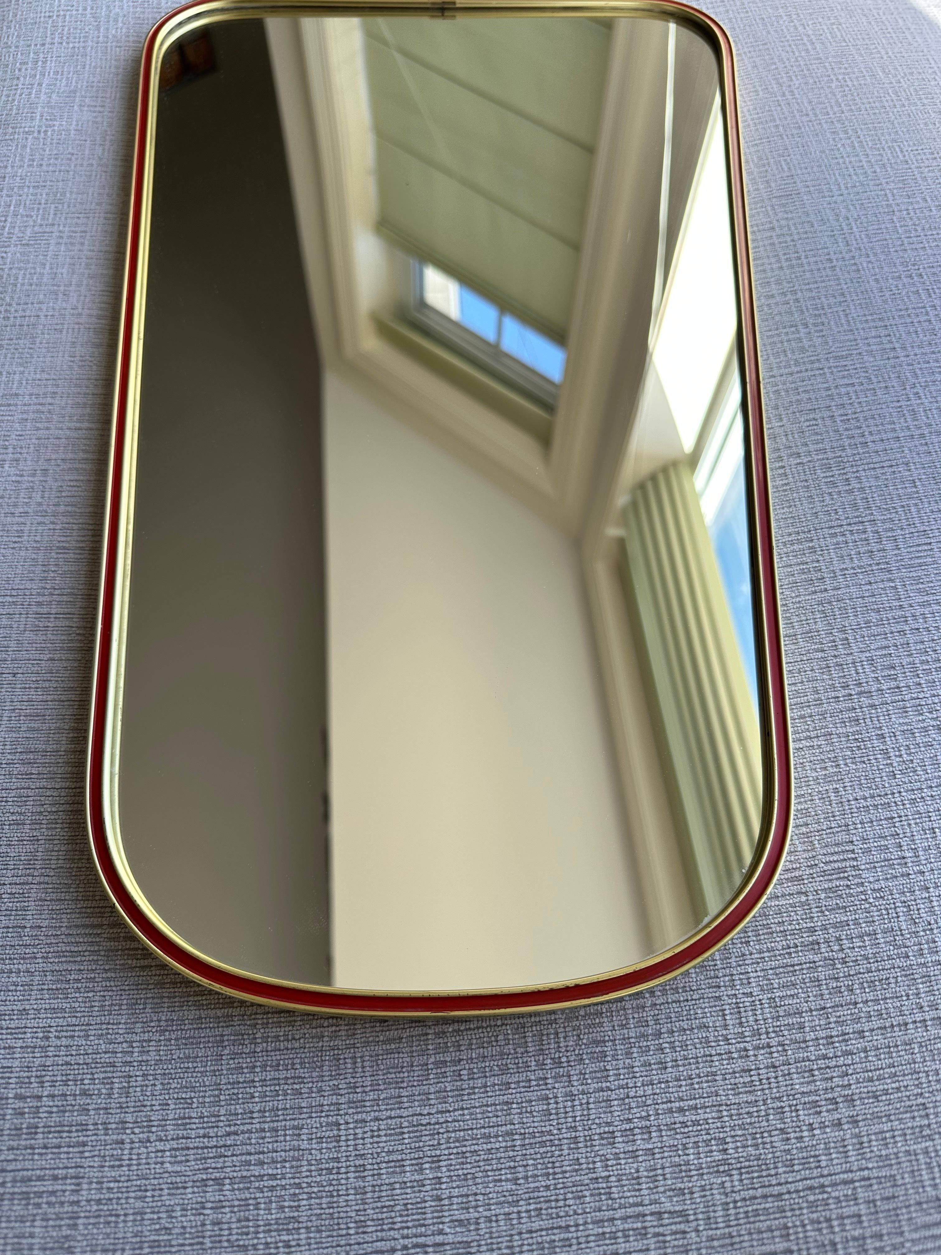 Mid-Century Modern Vintage Mid Century Italian Shield Wall Mirror in Brass with Red Border Detail