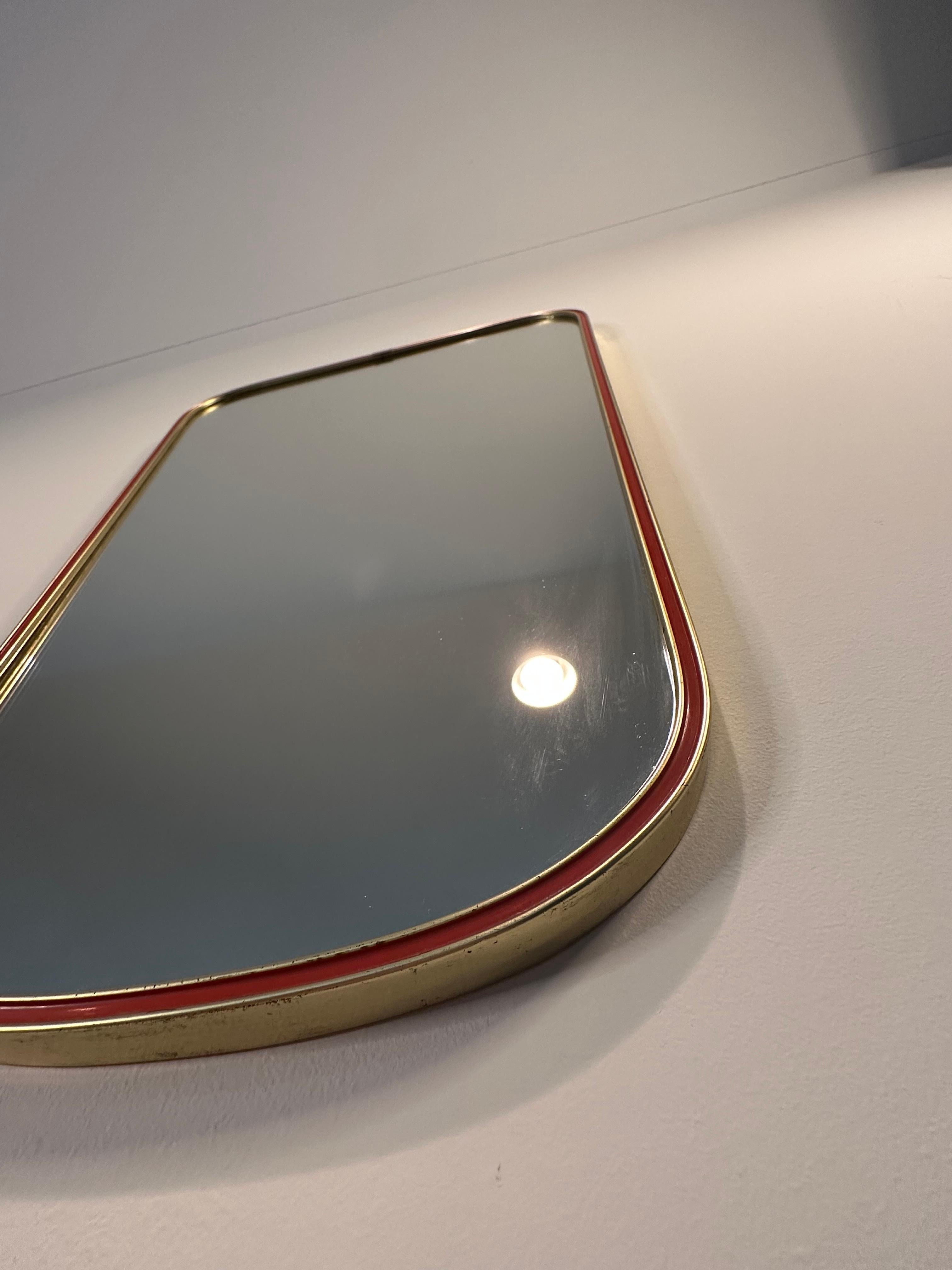 Mid-20th Century Vintage Mid Century Italian Shield Wall Mirror in Brass with Red Border Detail