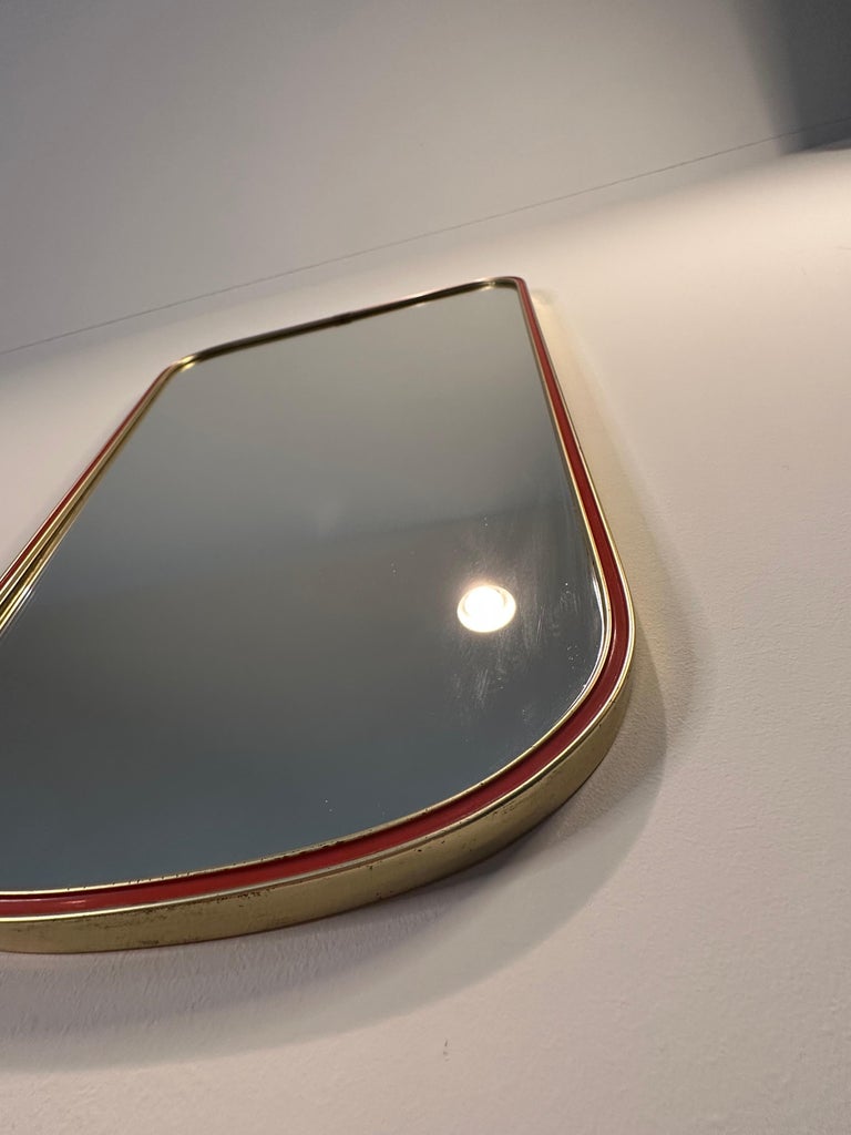 Vintage Mid Century Italian Shield Wall Mirror in Brass with Red Border