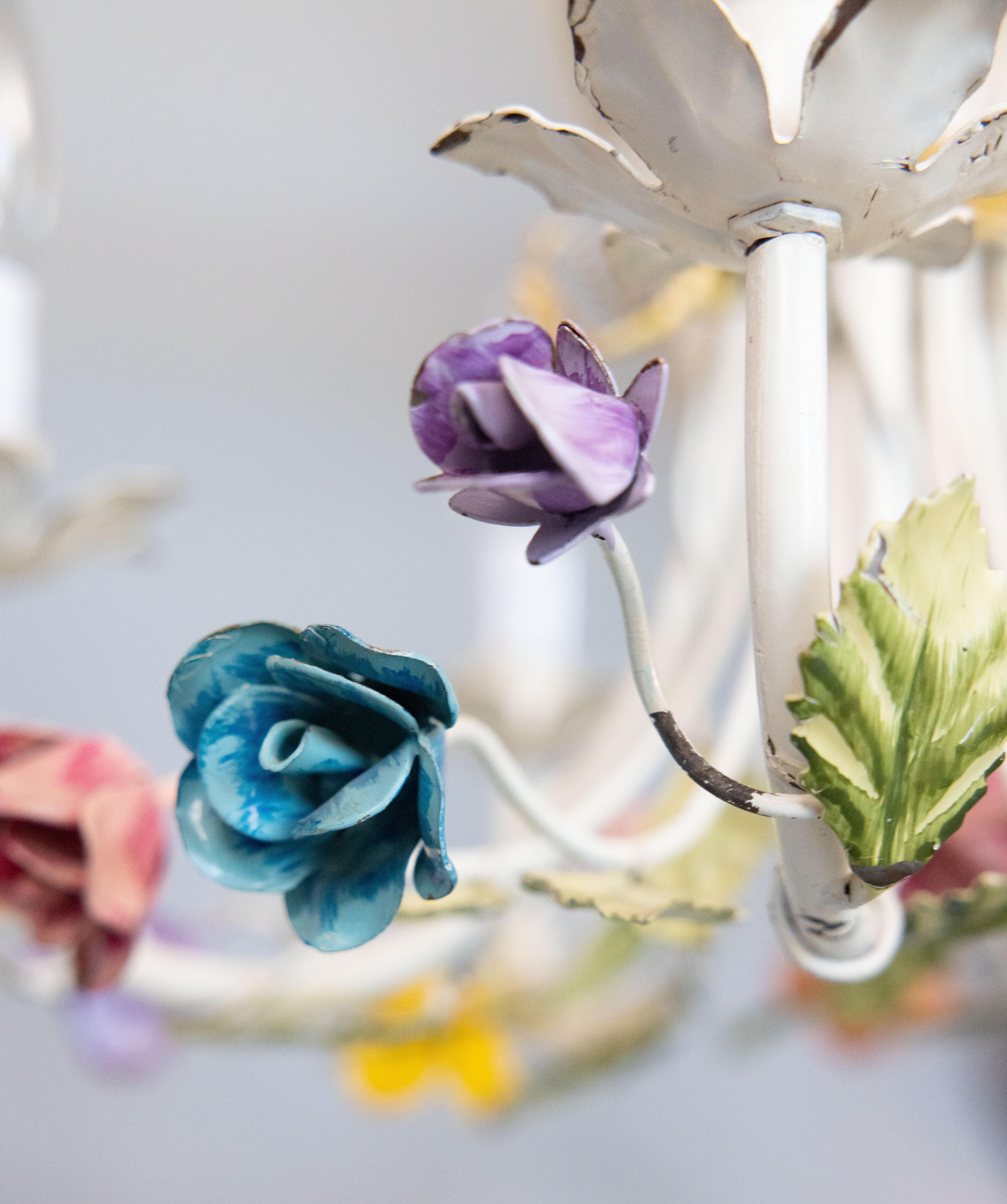 Vintage Mid-Century Italian Tole Roses Five Arm Chandelier For Sale 6