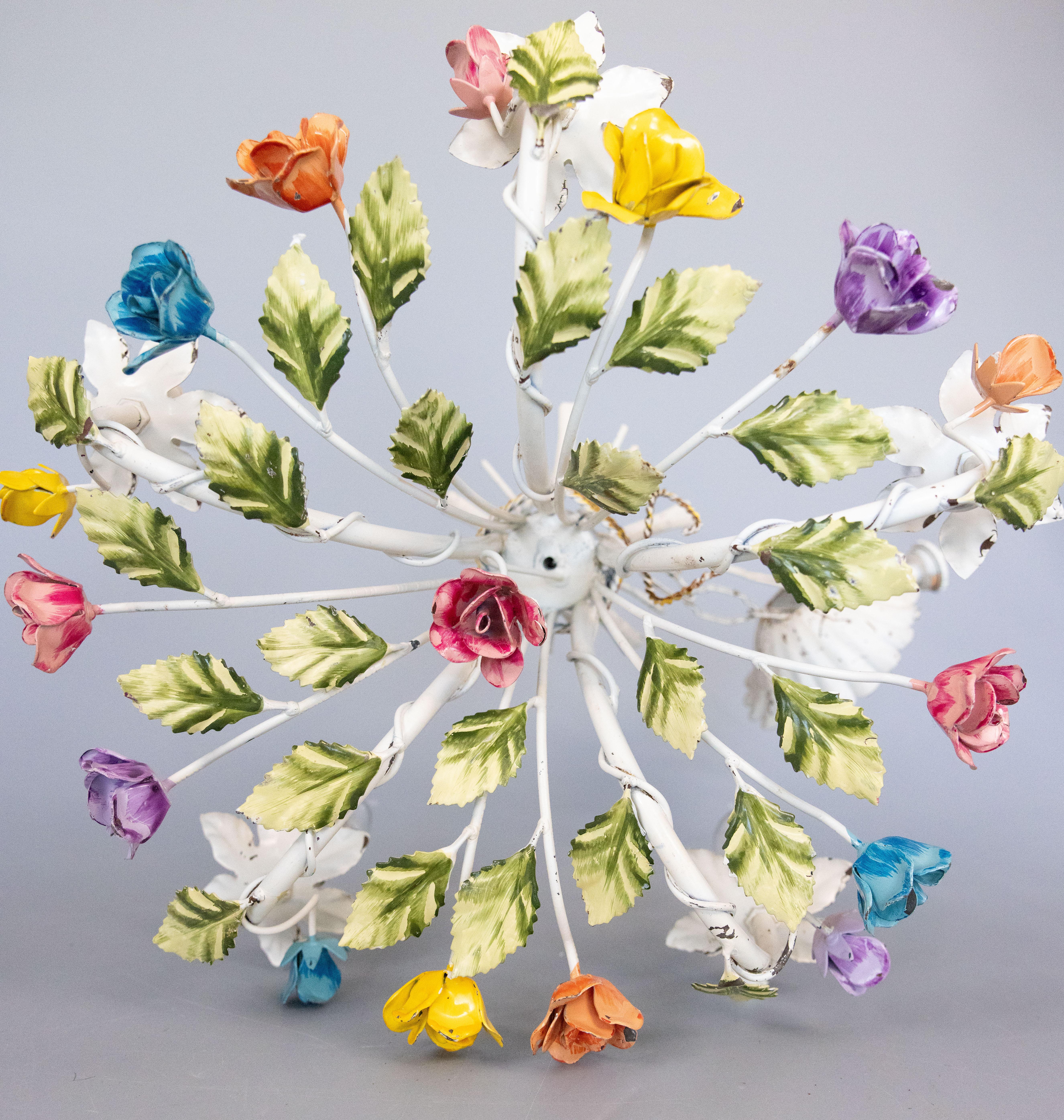Vintage Mid-Century Italian Tole Roses Five Arm Chandelier In Good Condition For Sale In Pearland, TX