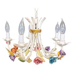Vintage Mid-Century Italian Tole Roses Five Arm Chandelier