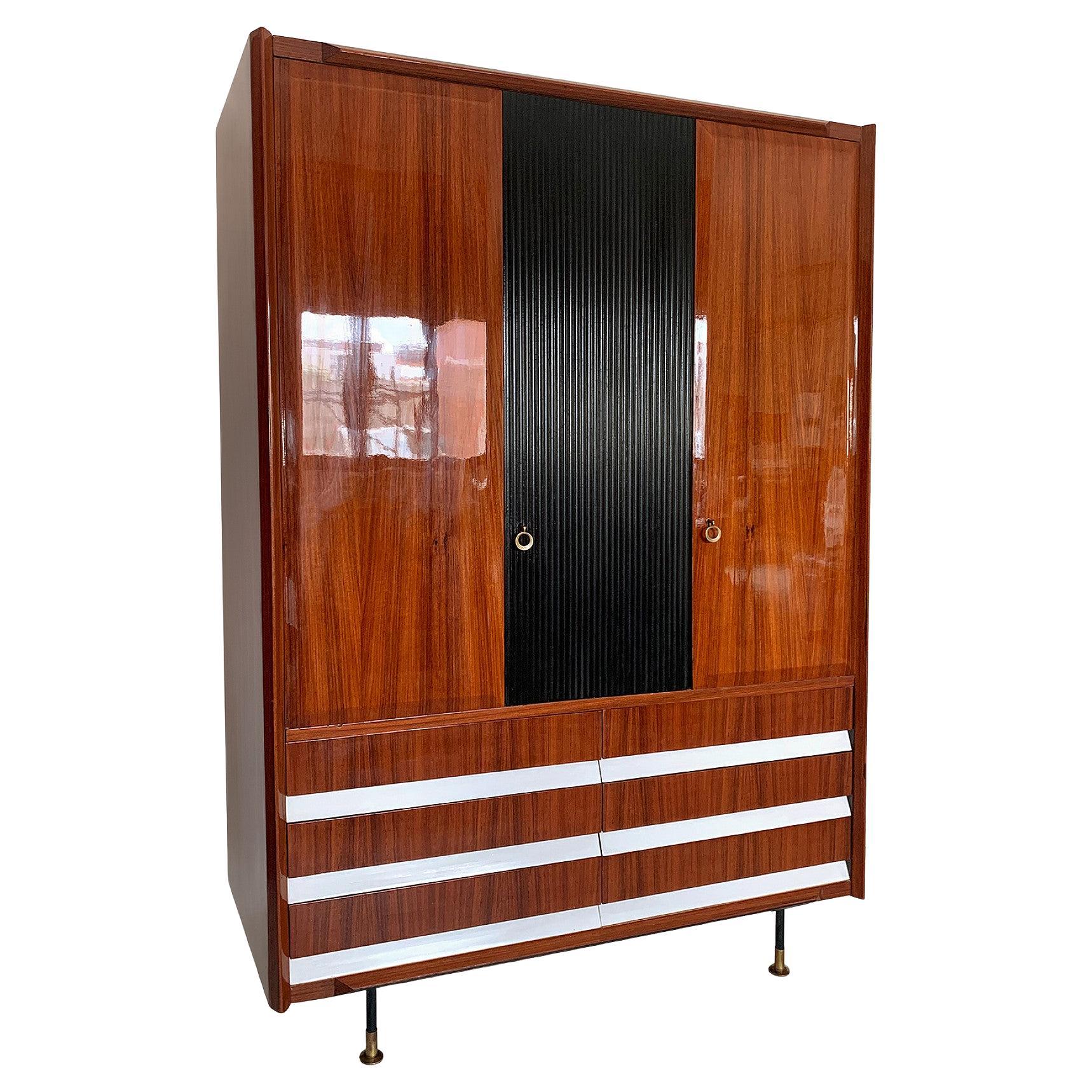 Vintage Italian Mid Century Modern Wardrobe, Walnut, Fluted Wood, Brass Feet For Sale