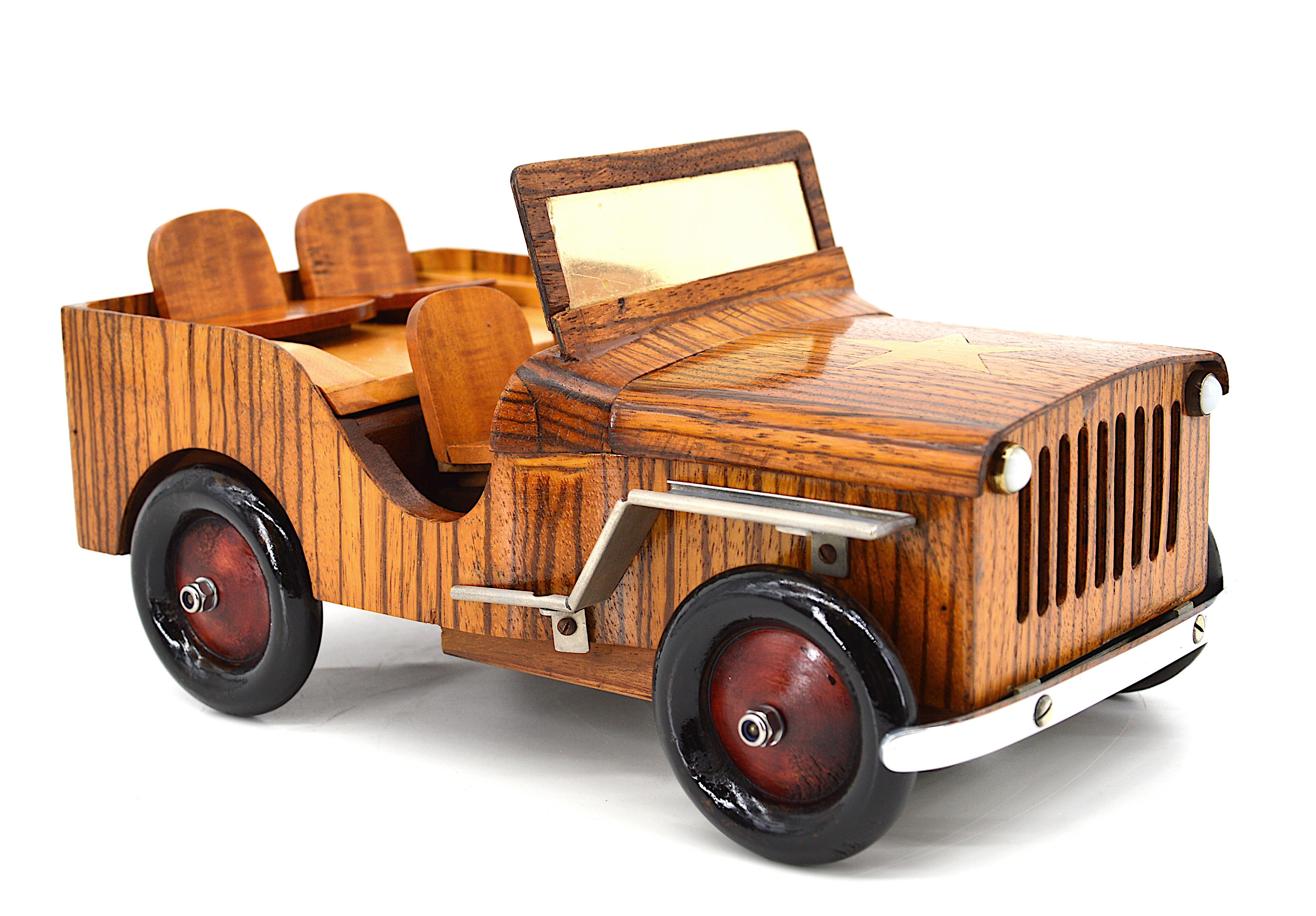 Midcentury cigarette set, France, Late 1940s. JEEP. Zebra wood, wood and metal. This car is a set for smoker including;

- A box of long cigarettes (back seats)
- A box of short cigarettes (front hood)
- Matchbox storage (front seats)
- Two
