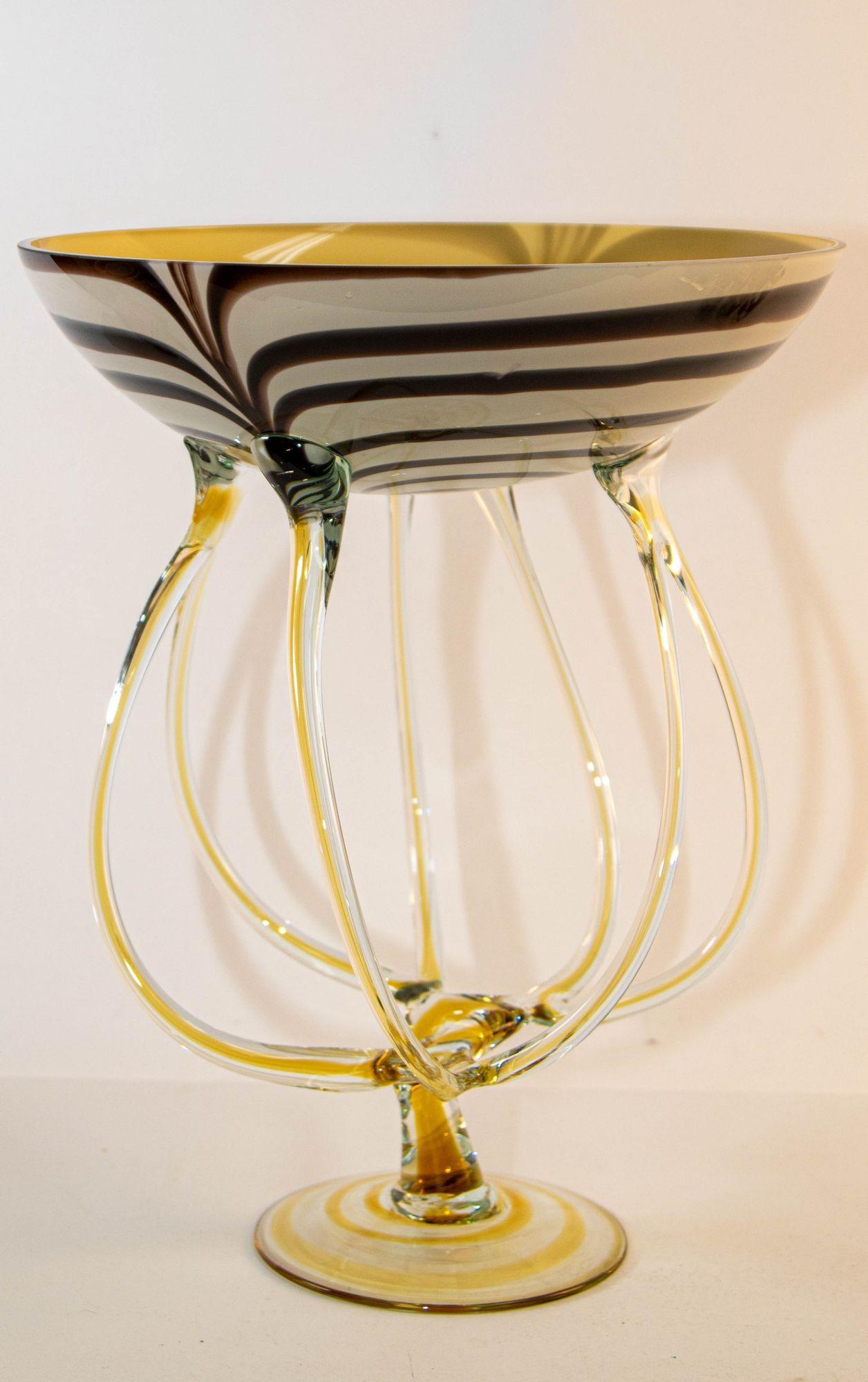 Vintage Midcentury Jozefina Krosno Octopus Glass Pedestal Bowl 5