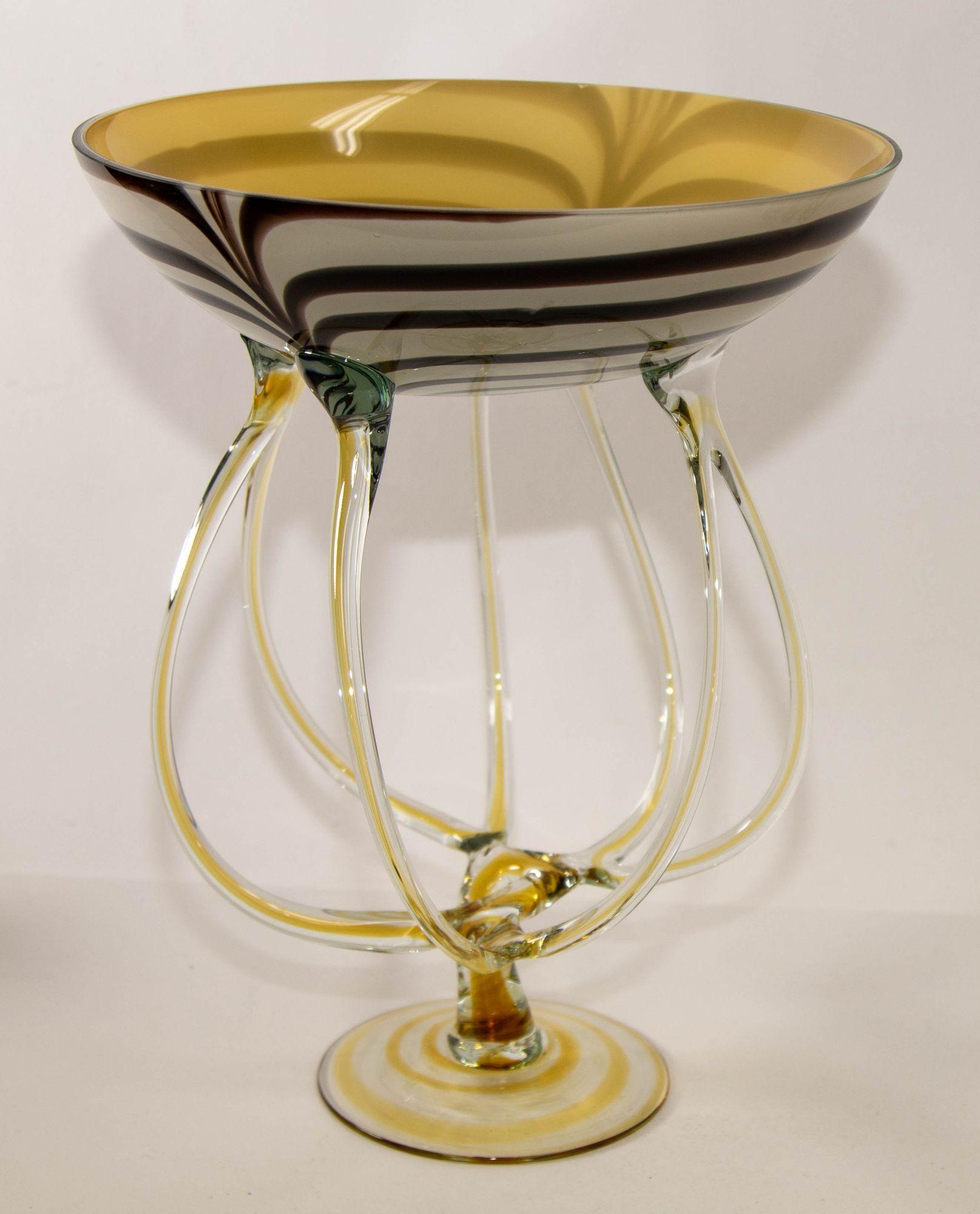 Vintage Midcentury Jozefina Krosno Octopus Glass Pedestal Bowl 7