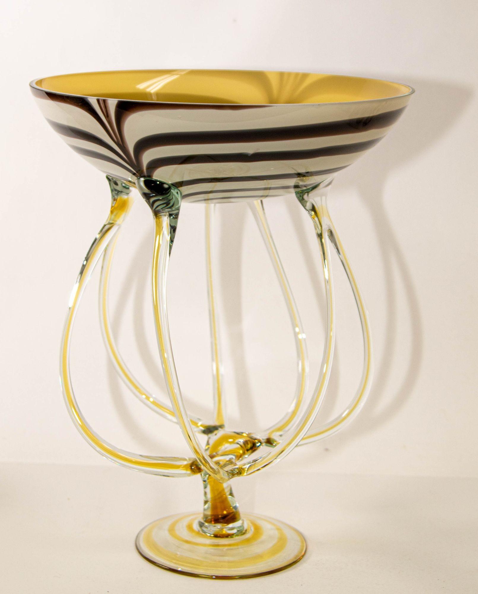 20th Century Vintage Midcentury Jozefina Krosno Octopus Glass Pedestal Bowl