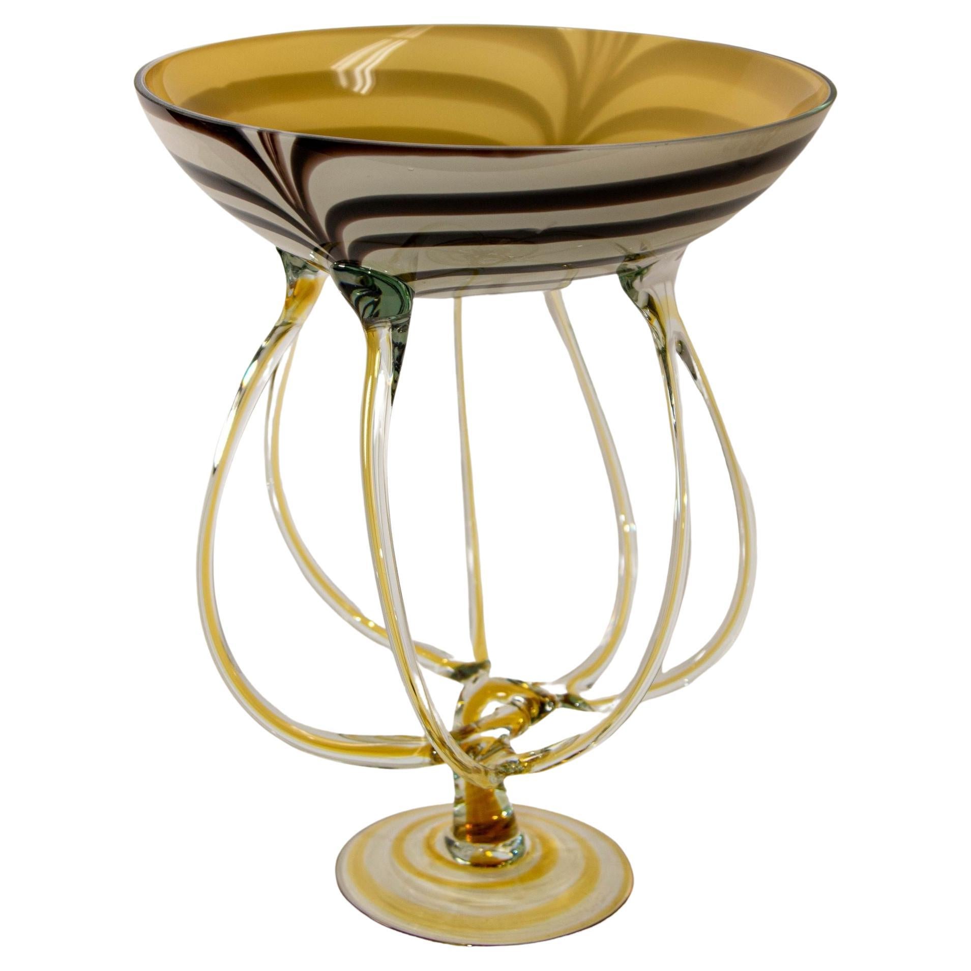 Vintage Midcentury Jozefina Krosno Octopus Glass Pedestal Bowl