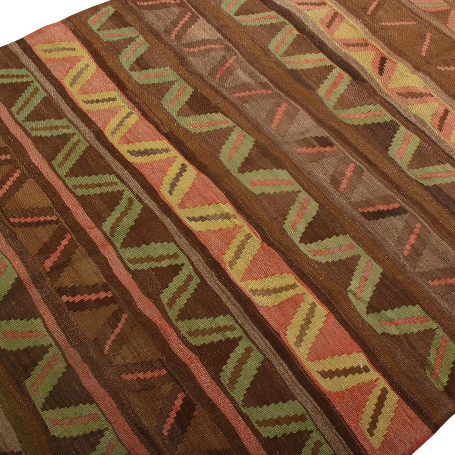 Turkish Vintage Midcentury Kars Geometric Brown and Green Wool Kilim Rug