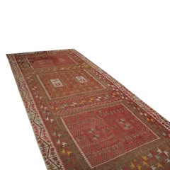 Vintage Midcentury Kayseri Geometric Beige-Brown and Red Wool Kilim Rug