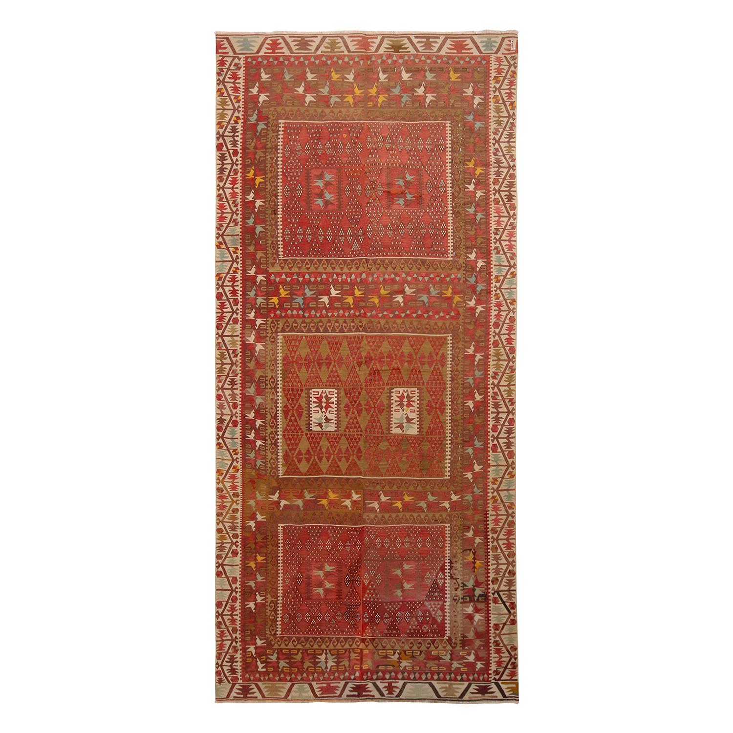 Geometrischer Vintage Kayseri-Kelim-Teppich aus Wolle in Beige, Braun und Rot, Mitte des Jahrhunderts