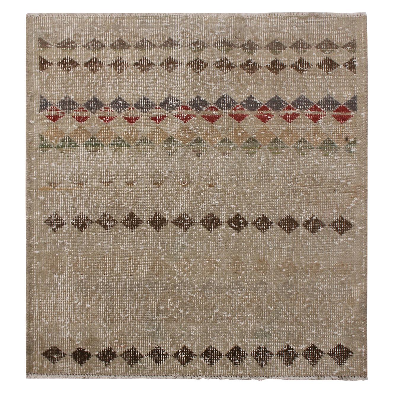 Vintage Midcentury Khaki Brown Wool Rug with Lively Accents
