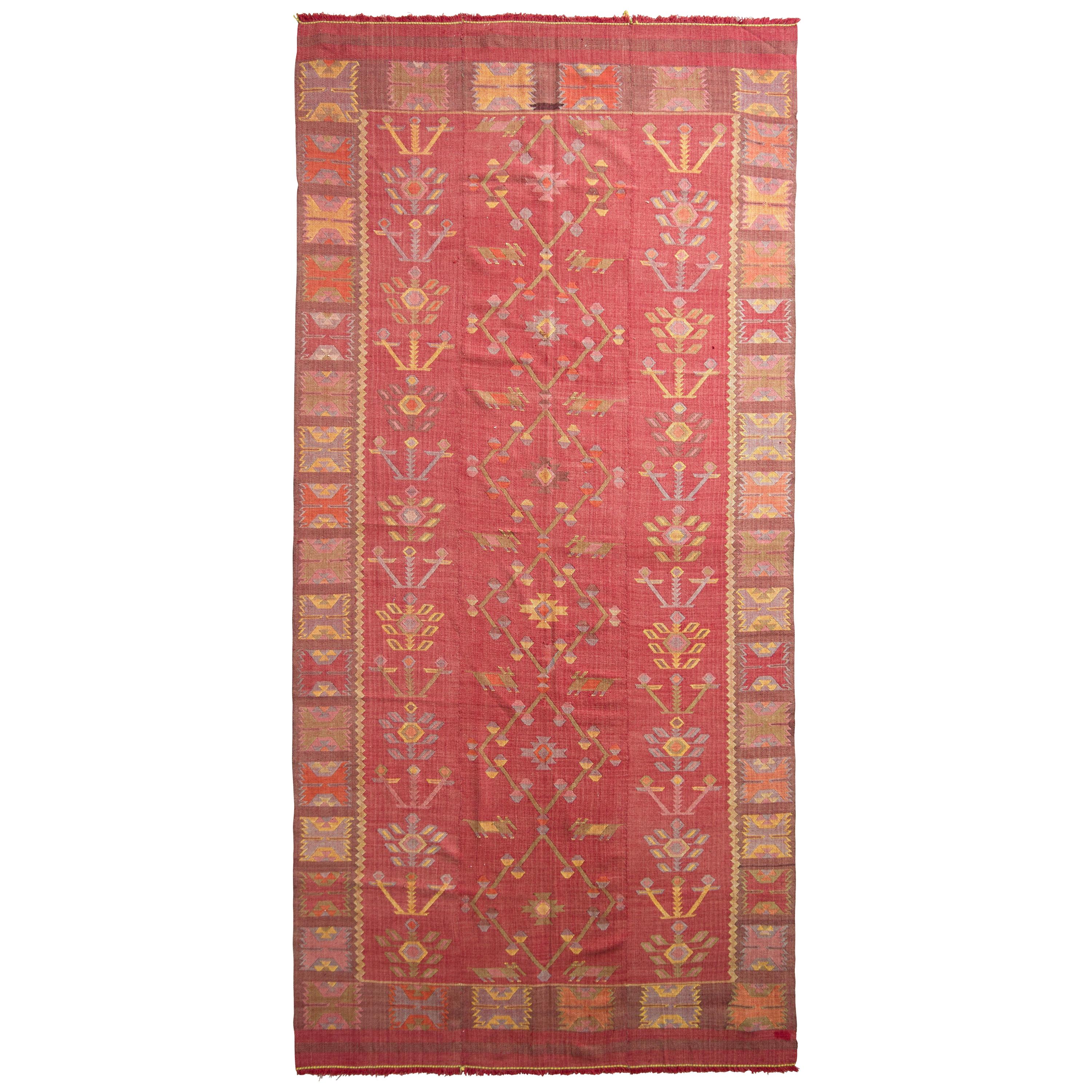 MidCentury Vintage Kilim Rug in Brown Pink Geometric Pattern by Rug