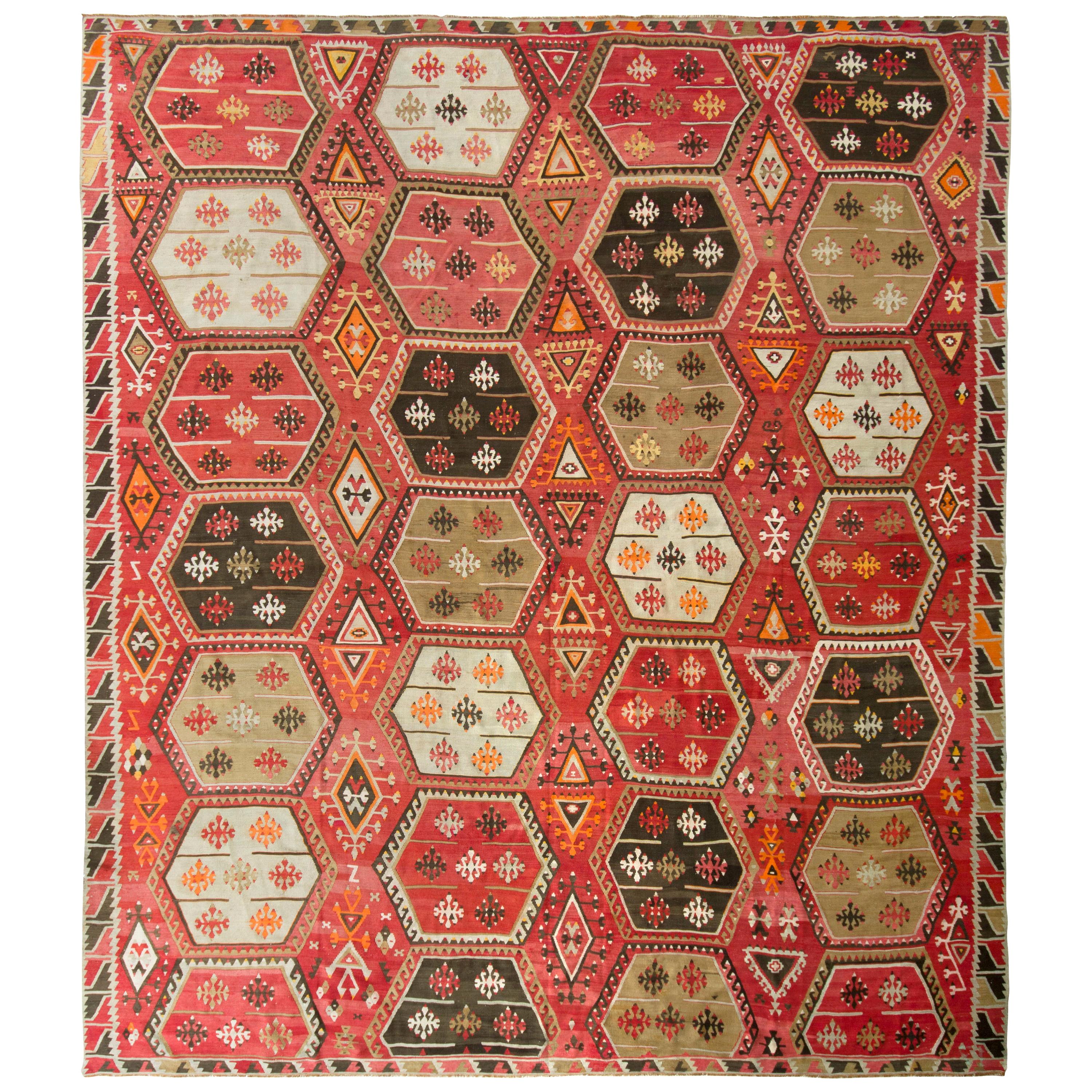 Vintage Midcentury Kilim Rug Red Pink All-Over Geometric Pattern by Rug & Kilim For Sale