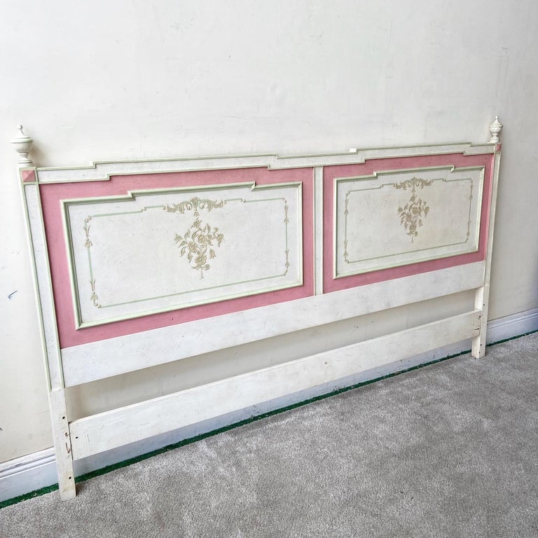 Exceptional traditional mid-century king size headboard by John Widdicomb Furniture. Features a painted white, green and pink finish.
 