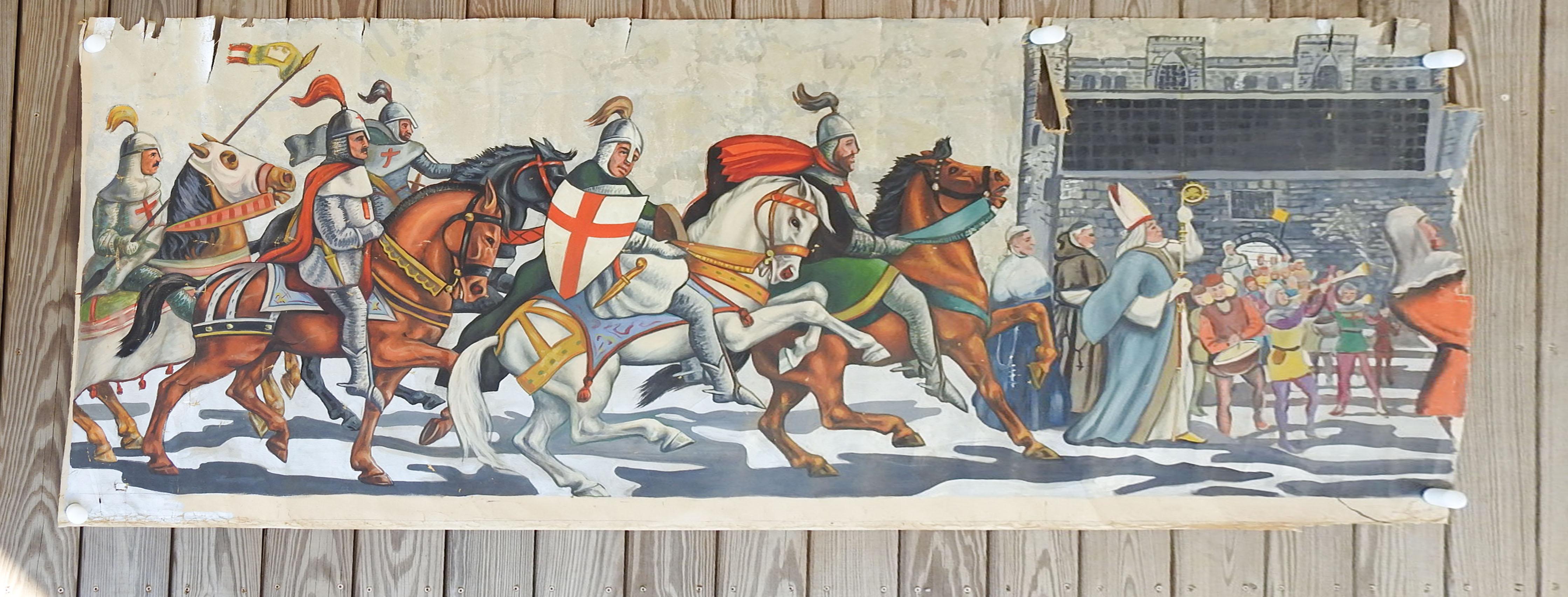 Vintage oil on canvas painting of a procession of knights on horseback by Geneva Flores Hart Fell (1906 - 2008) Texas.  Colorful painting with metallic silver background on flat canvas.  Likely for interior wall decoration or mural sample. 