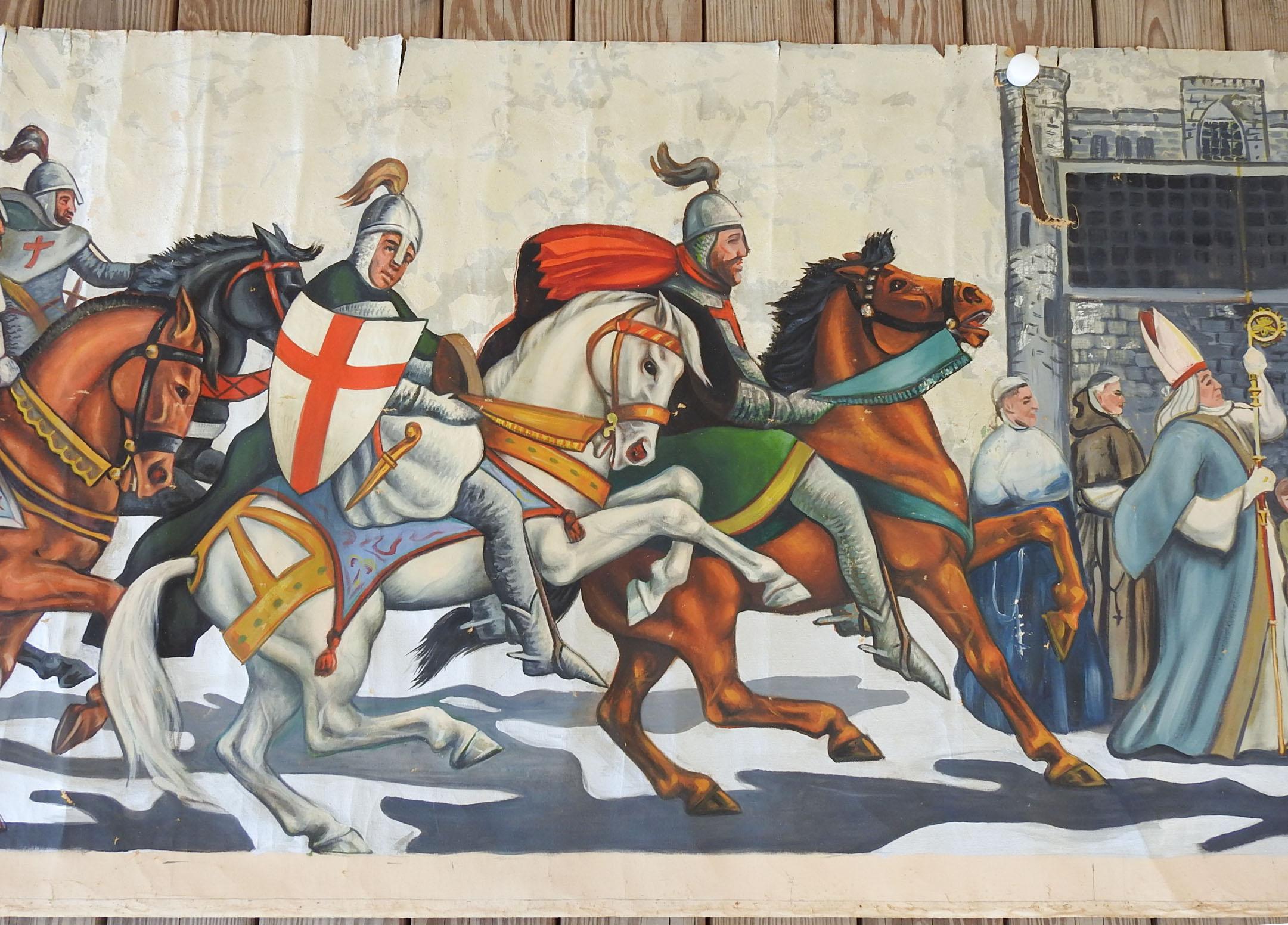 Medieval Vintage Mid Century Knights & Horses Procession Mural Painting For Sale
