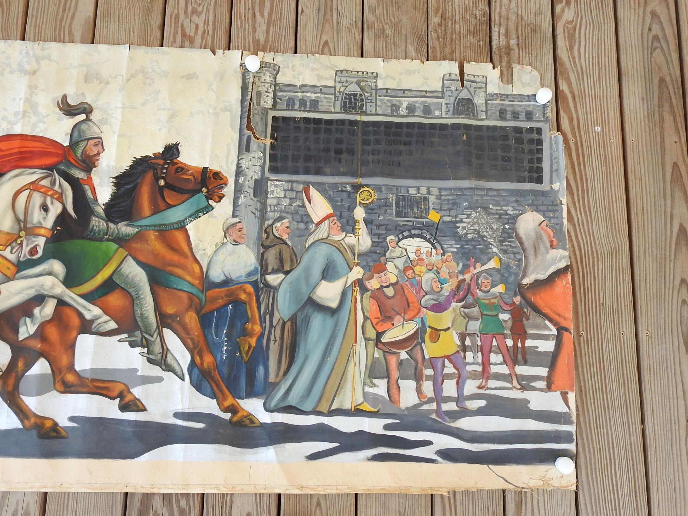 American Vintage Mid Century Knights & Horses Procession Mural Painting For Sale