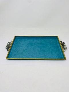 Vassoio vintage di metà secolo Kyes in ottone smaltato e smalto blu 1960s