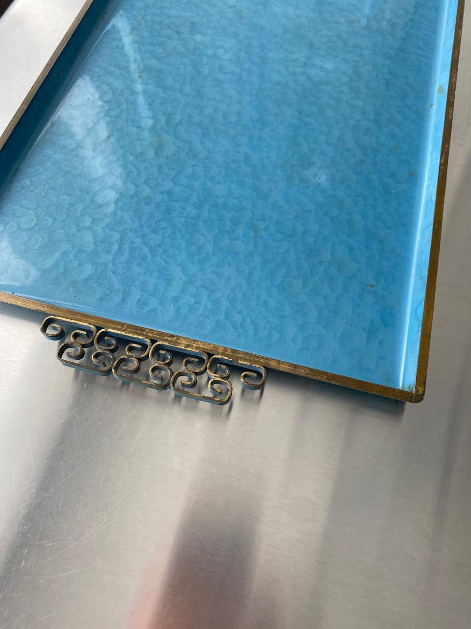 American Vintage Mid Century Kyes Moire’ Glaze Brass and Enamel Blue Tray 1960s