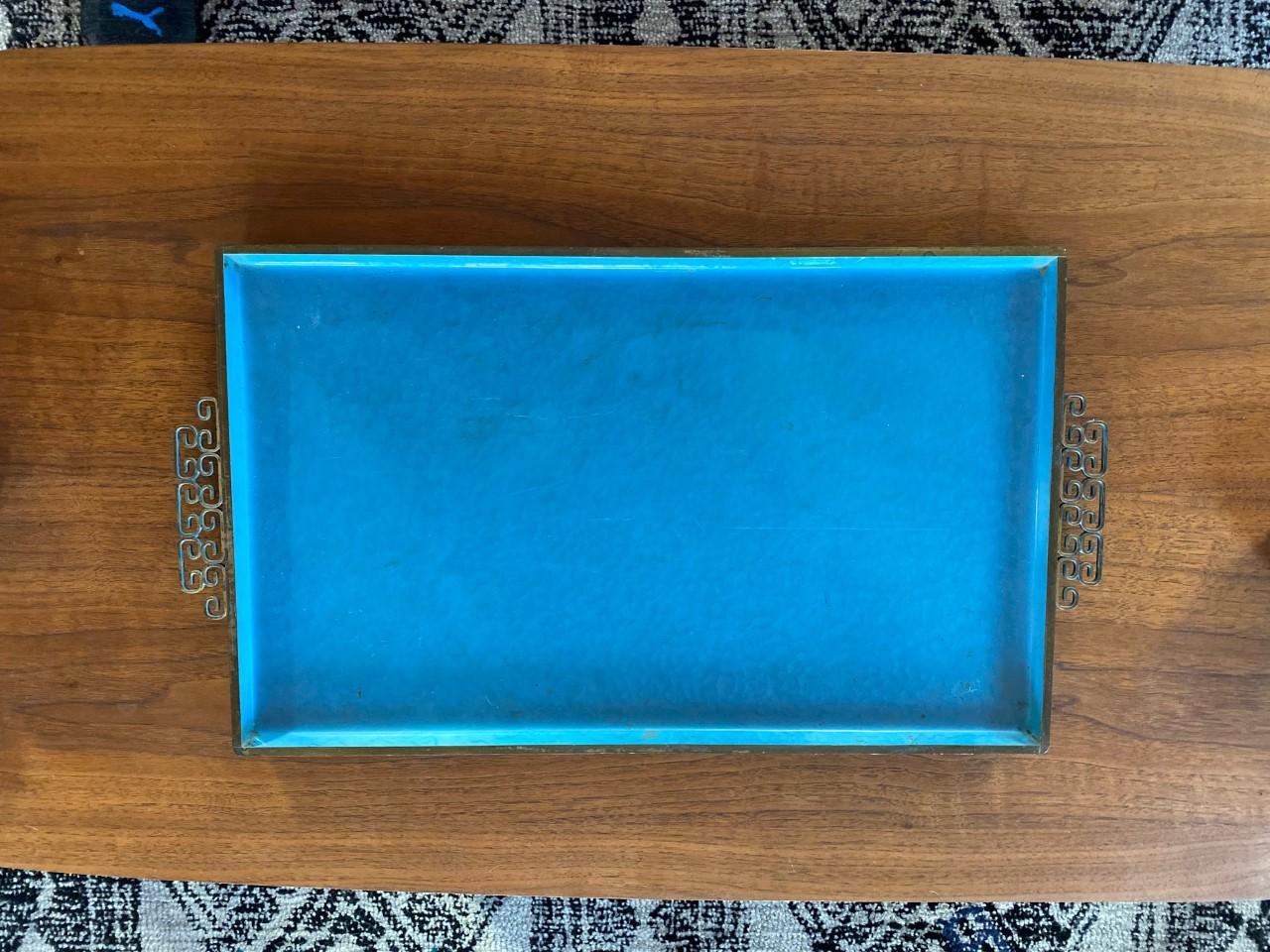 Mid-20th Century Vintage Mid Century Kyes Moire’ Glaze Brass and Enamel Blue Tray 1960s