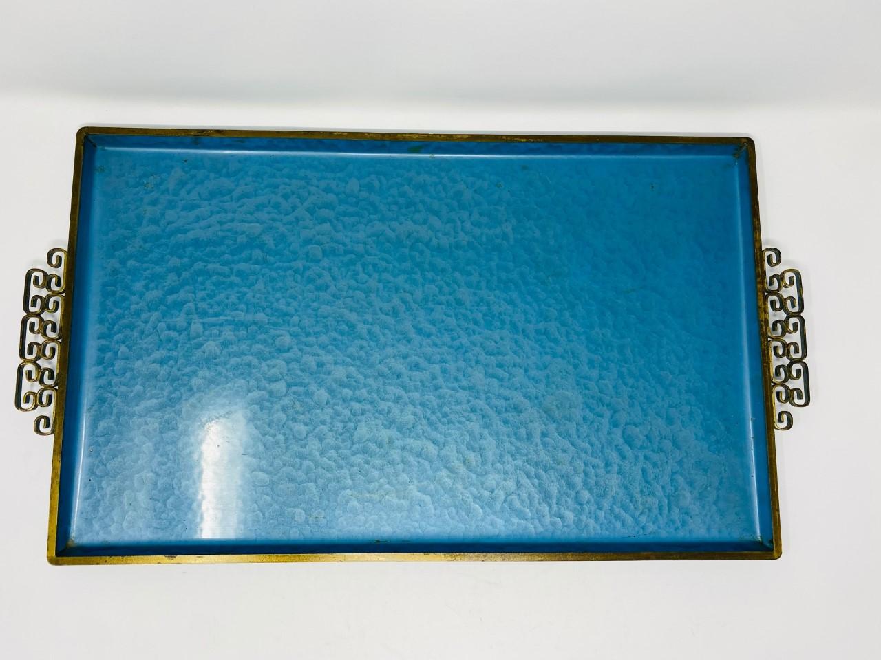 Vintage Mid Century Kyes Moire’ Glaze Brass and Enamel Blue Tray 1960s 1