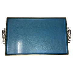 Vassoio vintage di metà secolo Kyes in ottone smaltato e smalto blu 1960s