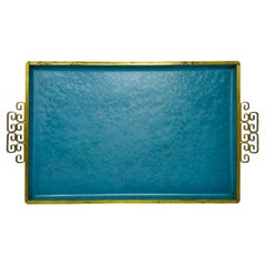 Vintage Mid Century Kyes Moire’ Glaze Brass and Enamel Blue Tray 1960s
