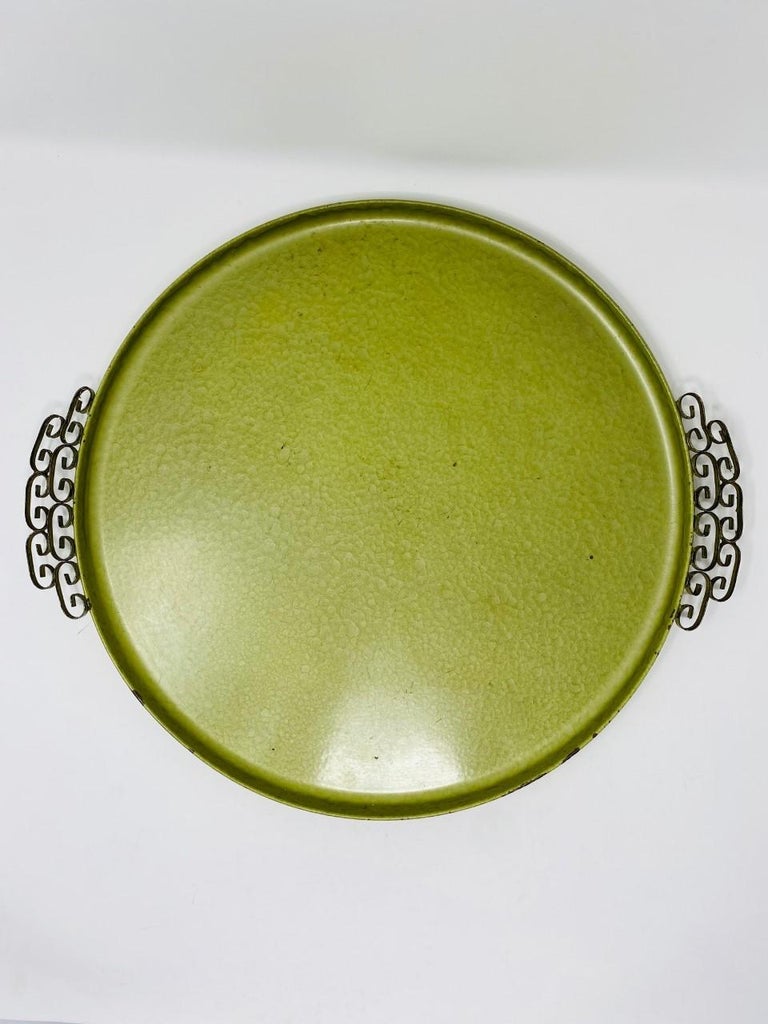 Vintage Mid Century Kyes Moire’ Glaze Brass and Enamel Green Tray 1960s