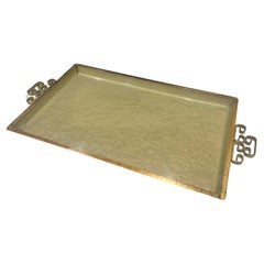 Vintage Mid Century Kyes Moire’ Glaze Brass and Enamel Green Tray 1960s