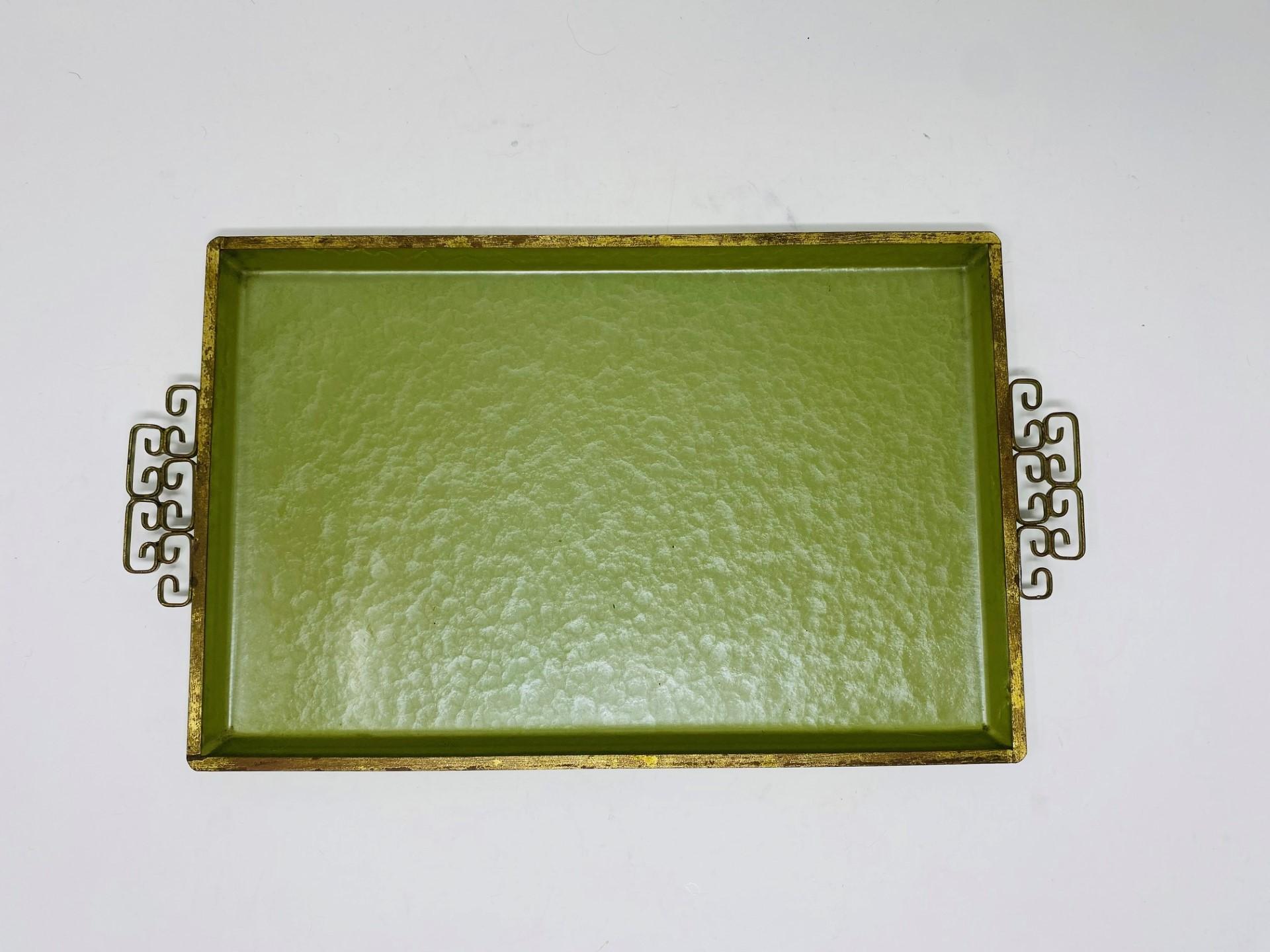 Fait main Plateau vert en laiton et émail Kyes Moire' Glaze Vintage Mid Century 1960s en vente