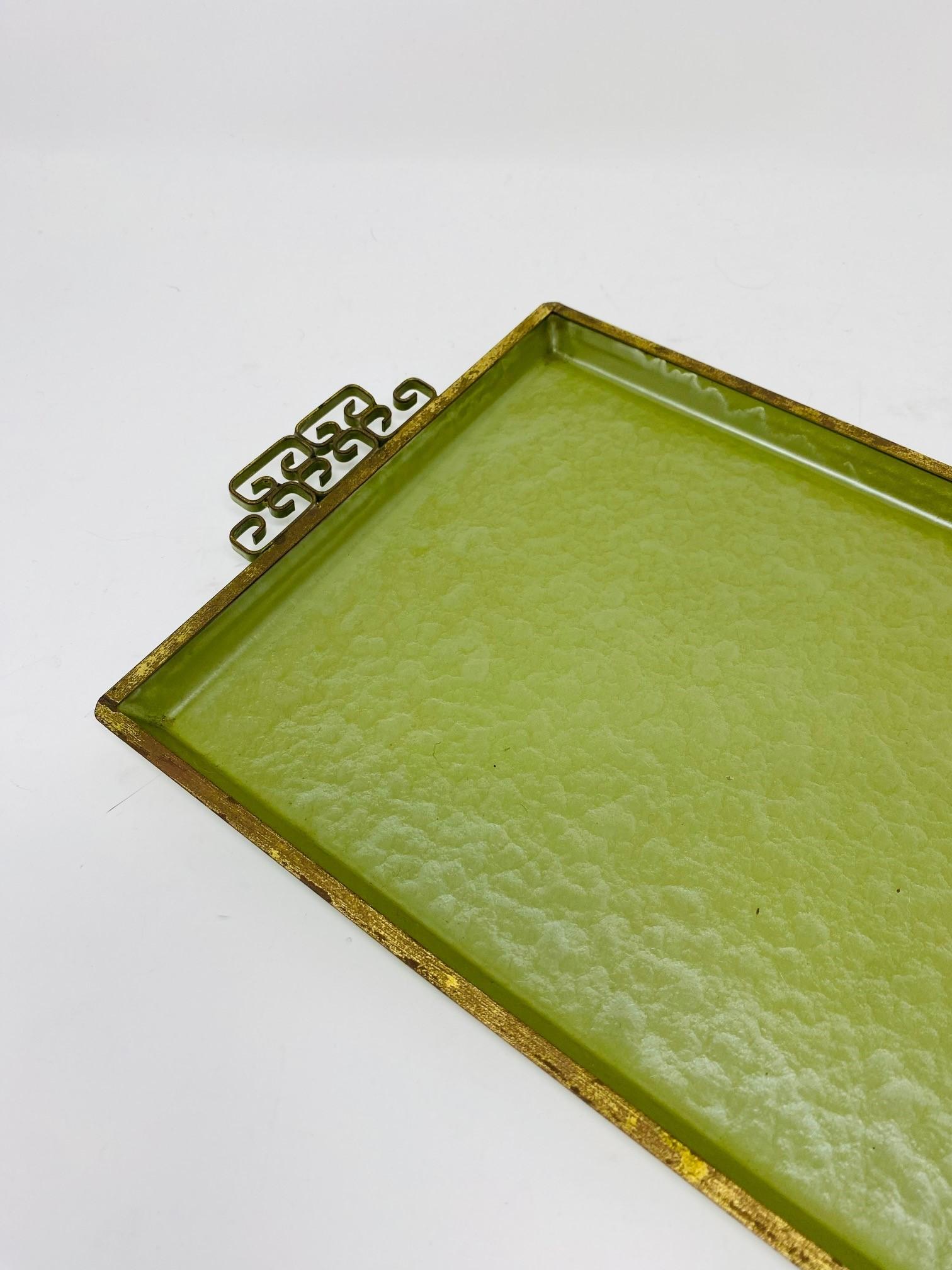 Hollywood Regency Vintage Mid Century Kyes Moire’ Glaze Brass and Enamel Green Tray 1960s For Sale