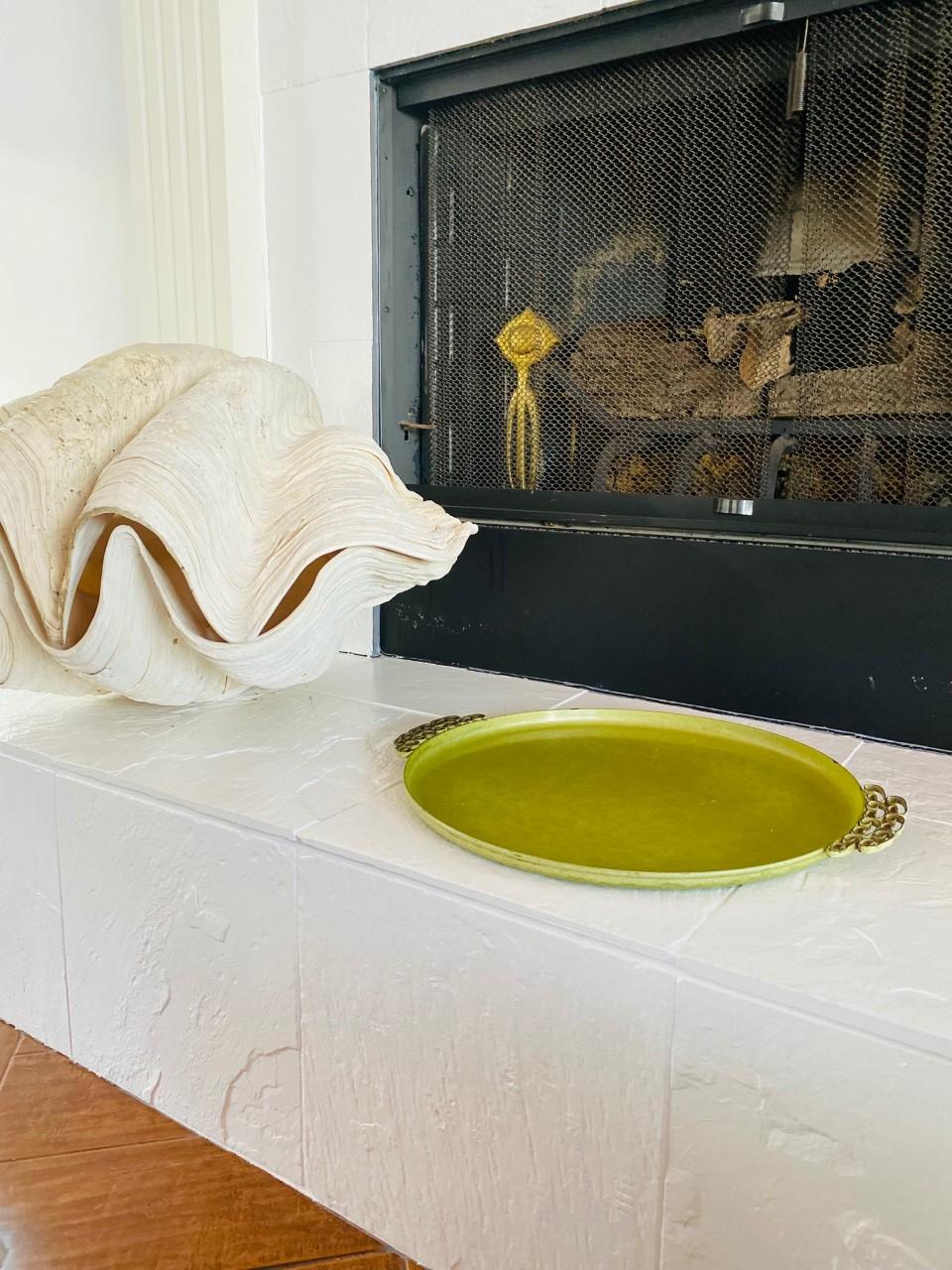 American Vintage Mid Century Kyes Moire’ Glaze Brass and Enamel Green Tray 1960s For Sale